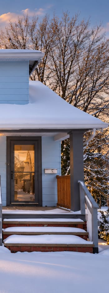 A Cleveland home lit from within on a snowy winter evening