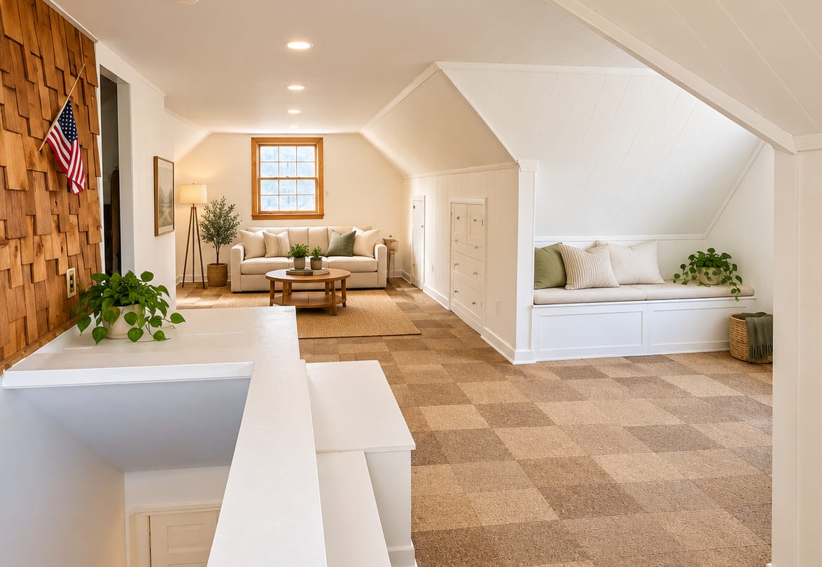 Open-plan living room with vaulted ceiling